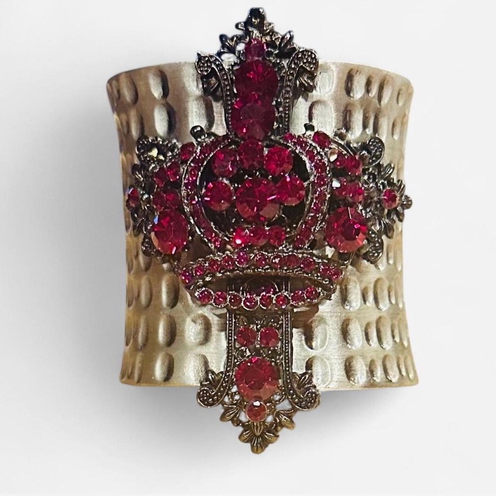 Gold Cuff Bracelet with Ruby Gemstone Crown
